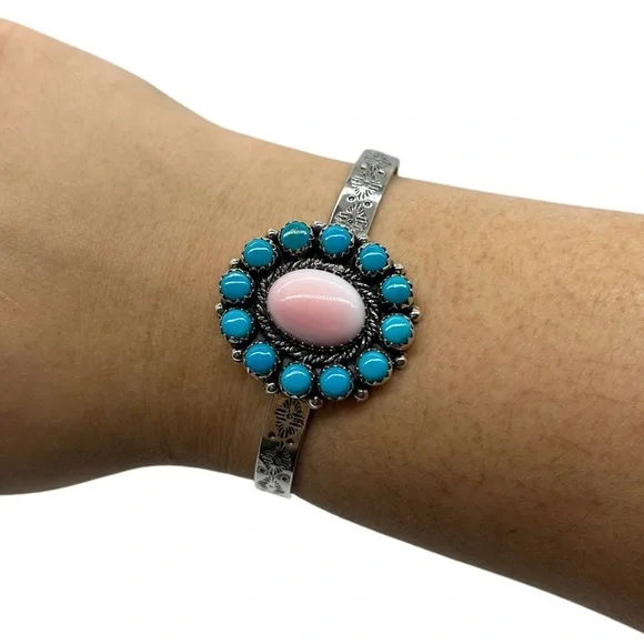 925 Sterling Silver Pink Conch & Kingman Turquoise Cuff Bracelet